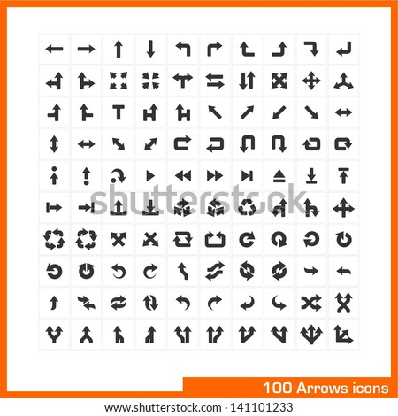 100 arrows icons set. Vector black pictograms for web, internet, computer, mobile apps, business presentations, navigation, transportation, interface design: direction, turn, left, right, move symbol