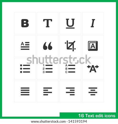 Text edit icon set. Vector white pictograms for web, mobile, business: bold, normal, italic, font, ubderline, letter, cut, keyboard, language, page, kerning, numder,