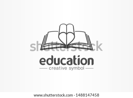 Education, open book with heart shape creative symbol concept. Novel, love story, affair abstract business logo idea. Learn, read icon. Corporate identity logotype, company graphic design tamplate