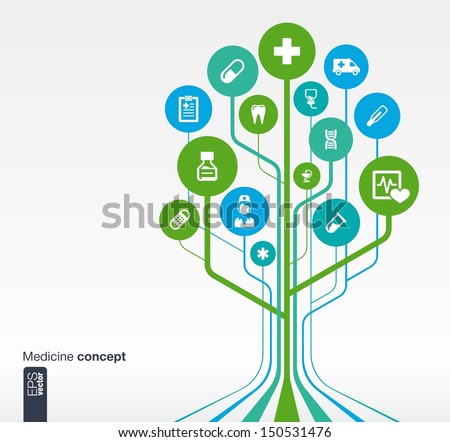 Abstract medicine background with lines, circles and icons. Growth tree concept with medical, health, healthcare, nurse, tooth, thermometer, pills and cross icon. Vector illustration.
