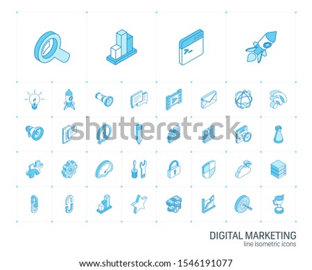 Isometric line icon set. 3d vector colorful illustration with SEO symbols. Digital network, analytics, social media and market colorful pictogram Isolated on white Photo stock © 