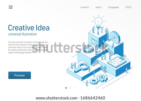 Creative Idea. Business people office teamwork. Innovative modern isometric line illustration. Brainstorm process, inspire, star up strategy icon. 3d vector background. Growth step infographic concept