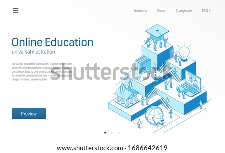Online Education. Learning students teamwork. E-learning isometric line illustration. Digital university, distance study, virtual library icon. 3d vector background. Growth step infographic concept.