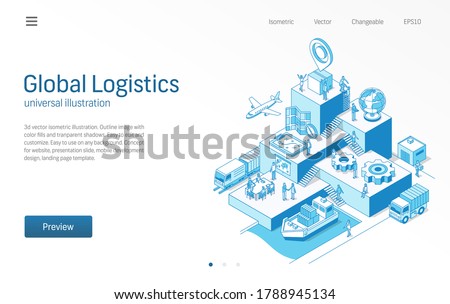 Global Logistics. Business people teamwork. Import or export modern isometric line illustration. Transport, shipping, delivery, distribution icon. 3d vector background. Growth step infographic concept