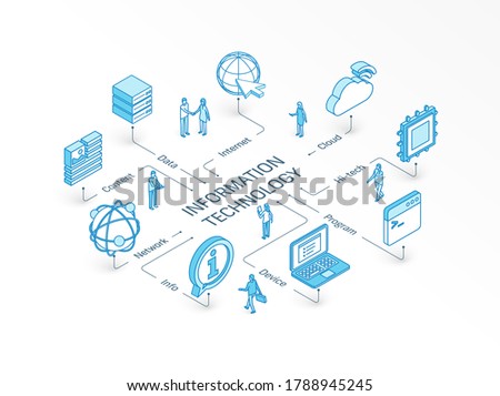 Information Technology isometric concept. Connected line 3d icons. Integrated infographic system. People teamwork. Device, IT, content cloud symbols. Program code, tech data, network, server pictogram