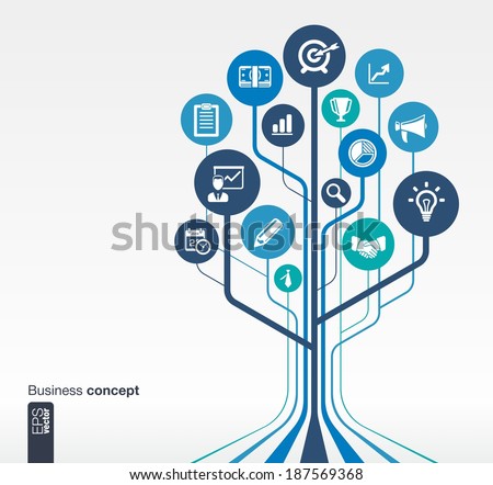 Abstract background with lines, circles and flat icons. Growth tree concept for business, communication, marketing research, strategy, mission, analytics and web design. Vector illustration.