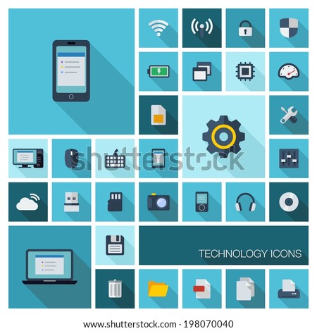 Vector illustration of flat color icons with long shadow. Abstract technology background. Digital concept with mobile phone, laptop, cloud computing, cogwheel, settings, network and media symbols.