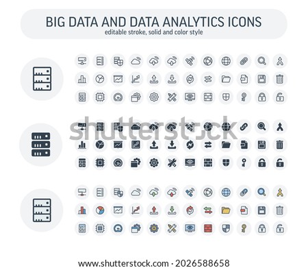 Vector Editable stroke, solid, color style icons set with big data and analytics technology outline symbols