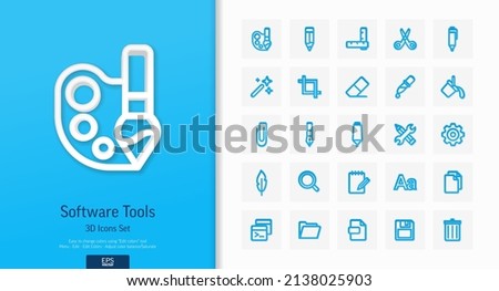 Vector 3d realistic style icons set. Illustration with text edit, graphic software tools outline symbols. Pencil, eraser, new file, brush, scissors, bold, italic font line pictogram. Top view, shadow