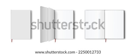 Blank book or notepad mockup. Notebook and bookmark template in different views isolated on white background, transparent shadows. Realistic blank booklet cover, brochure surface 3d vector set.