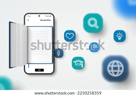 Digital literature, learn, read online concept. Realistic smartphone, open book. 3d icons fly over screen. Education, Knowledge, Electronic library application design. Vector background, blur effect.