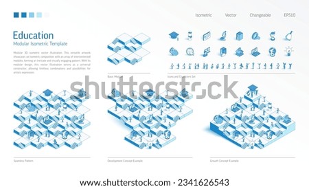 Knowledge, education modular isometric constructor. Seamless pattern base, line icon, character set. Develop, growth up stairs, teamwork concept. Elearn school, university platform. Business infograph