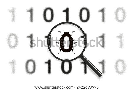 Binary code scan. One bug disguised as zero. Virus identify, web protection concept. Malware icon pattern. Magnifying glass zoom. Focus lens, transparent blur, morphism effect. Halftone, noise texture