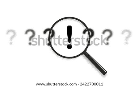 Search answer idea, problem solution concept. Exclamation point between question marks icon pattern. Magnifying glass zoom. Focus lens, transparent blur, morphism effect. Dot halftone, noise texture
