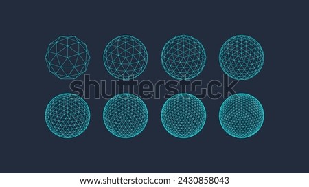 3D Geometric shapes set, editable stroke wireframe. Line mesh spheres, geodesic dome. Vector outline figure collection, linear form, graphic design element. Architectural surface, organic concept.