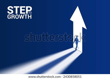 Step to Growth Business concept illustration. Businessman silhouette passes through the arrow up form open door. Success path, goal way, lieder man right choice. Freedom, bright solution, opportunity