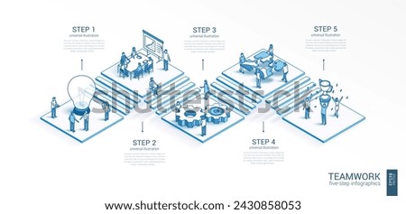 3d line isometric teamwork infographic template. Office work. success, communication presentation layout. 5 option steps, process parts, growth concept. Business people team. Cooperation, trophy icon.