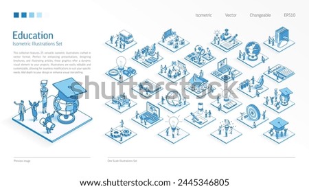 Education, graduation, business Isometric illustration set. Busy people teamwork 3d scenes. Men, women, student work team. Vector Infograph, presentation design. School, knowledge, elearn icon concept