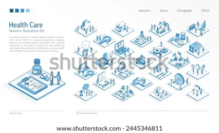 Healthcare Business Isometric illustrations set. Busy people teamwork 3d medical scenes. Men, women hospital work team. Vector Infographic, presentation design. Mental health, doctor care icon concept