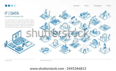 IT, Information, data technology business Isometric illustrations set. Busy people teamwork 3d scenes. Men, women work team. Vector Infographic, presentation design. Database, vr, program icon concept