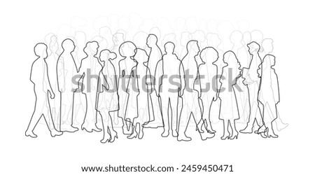 Abstract people silhouettes. Thin line draw vector illustration. Diverse crowd. Community, society, different personalities and cultures make population. Multicultural, International rights concept.