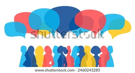 Men and women group, speech bubble talk. People crowd voice, blogger panel. Message noise, Network Connect Idea. Vector Abstract Background. Social Media communication, discussion, teamwork concept.