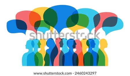 Men and women group, speech bubble talk. People crowd voice, blogging. Message noise, Network Connect Idea. Vector Abstract Background. Social Media communication, discussion, concept. Overlay color