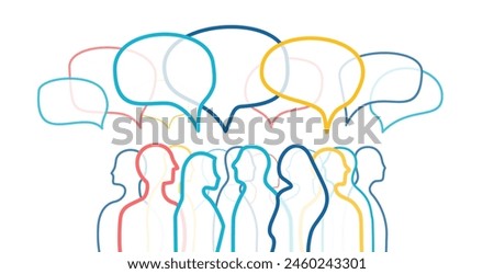 Men and women group, speech bubble talk. People crowd voice, blogger panel. Message noise, Network connect Idea. Vector color line Abstract Background. Social Media communication, discussion concept.