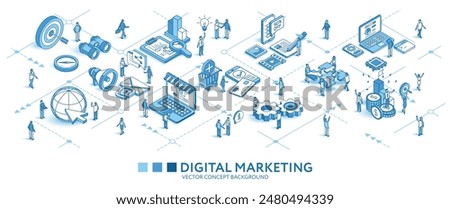 Digital marketing journey isometric seamless pattern. Line 3d icons, people characters, arrows. Develop, business infograph. Vector background teamwork concept illustration. Advertising strategy, seo