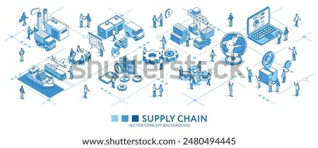 Supply chain, Global Logistics isometric seamless pattern. Transport delivery, warehouse, distribution line 3d icons, people characters, arrows. Business infograph. Vector background teamwork concept