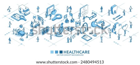 Healthcare clinic isometric seamless pattern. Doctor line 3d icon, people character, arrow. Medical, health care, business infograph. Vector background teamwork concept illustration. Treatment journey