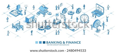 Finance, bank account, economic isometric seamless pattern. Money, tax line 3d icon, people character, arrow. Business infograph. Vector background teamwork concept illustration. Stock market journey