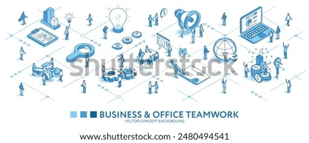 Business process, office isometric seamless pattern. Partner meeting. Planning line 3d icon, people characters, arrows. Vector background teamwork concept illustration. Market growth journey infograph