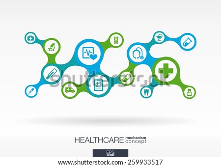 Healthcare. Growth abstract background with connected metaball and integrated icons for medical, health, care, medicine, network, social media and global concepts. Vector interactive illustration.