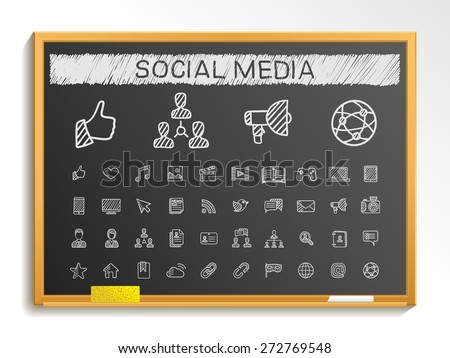Social media hand drawing line icons. Vector doodle pictogram set: chalk sketch sign illustration on blackboard with hatch symbols: post, like, blog, forum, share, online, profile, relationship.