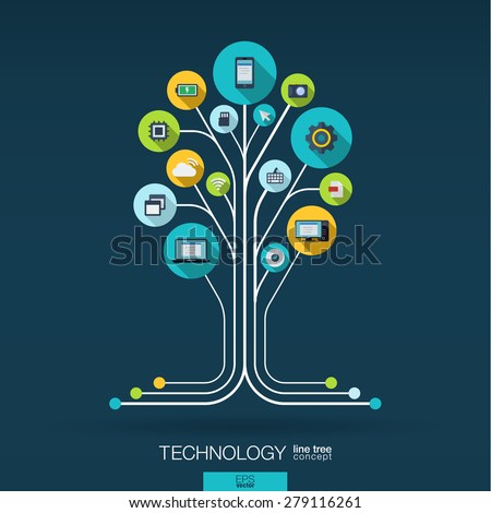 Abstract technology background with lines, connected circles, integrated flat icons. Growth tree (circuit) concept with technology, cloud computing and router icons. Vector interactive illustration.