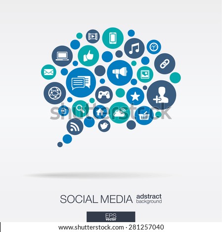 Color circles, flat icons in a speech bubble shape: technology, social media, network, computer concept. Abstract background with connected objects in integrated group of elements. Vector illustration