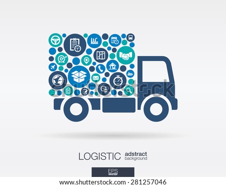 Color circles, flat icons in a truck shape: distribution, delivery, service, shipping, logistic, transport, market concepts. Abstract background with connected objects. Vector illustration.