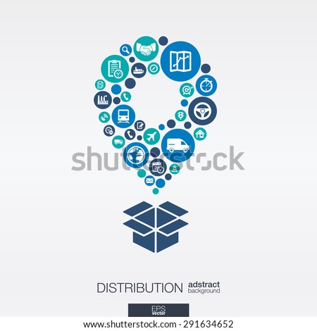 Color circles, flat icons in a map pointer and box shape: distribution, delivery, service, shipping, logistic, transport, market concepts. Abstract background, connected objects. Vector illustration.
