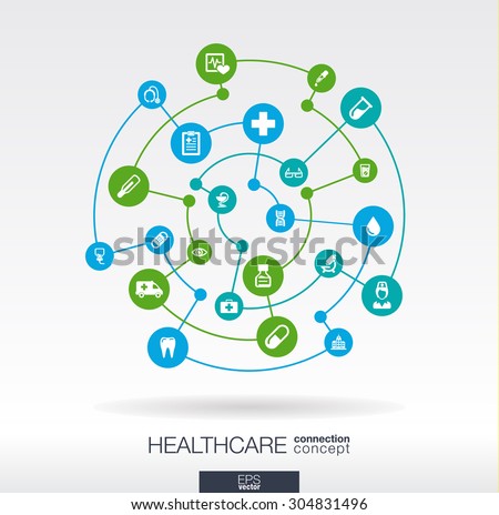 Healthcare connection concept. Abstract background with integrated circles and icons for medical, health, care, medicine, network, social media and global concepts. Vector infographic illustration.