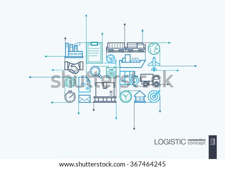 Logistic integrated thin line symbols. Motion arrows vector concept, with connected flat design icons. Illustration for delivery, service, shipping, distribution, transport, communicate concepts