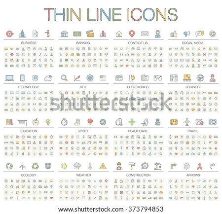 Vector illustration of thin line icons for business, banking, contact, social media, technology, seo, logistic, education, sport, medicine, travel, weather, construction, arrow. Color symbols set.