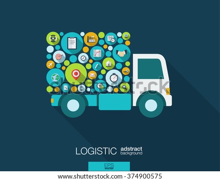 Color circles, flat icons in a truck shape: distribution, delivery, service, shipping, logistic, transport, market concepts. Abstract background with connected objects. Vector illustration.