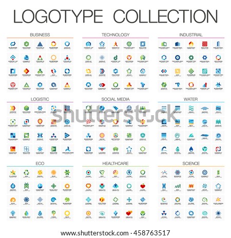 Abstract logo set for business company. Corporate identity design elements. Technology, Eco, Science, Healthcare concepts. Industrial, Logistic, Social Media Logotype collection. Colorful Vector icons