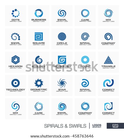 Abstract logo set for business company. Corporate identity design elements. Wave, circle, spring, rotation, segment connect concept. Spiral, swirl, whirlpool logotype collection. Colorful Vector icons