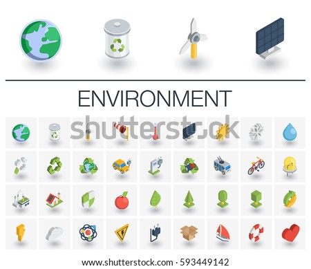 Isometric flat icon set. 3d vector colorful illustration with ecology symbols. Eco, bio, environmental, wind power, recycle colorful pictogram Isolated on white