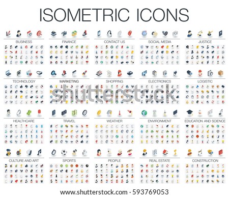 Vector illustration of isometric flat icons for business, bank, social media market, justice, internet technology, shop, education, sport, healthcare, art and construction. Color 3d web symbols set.