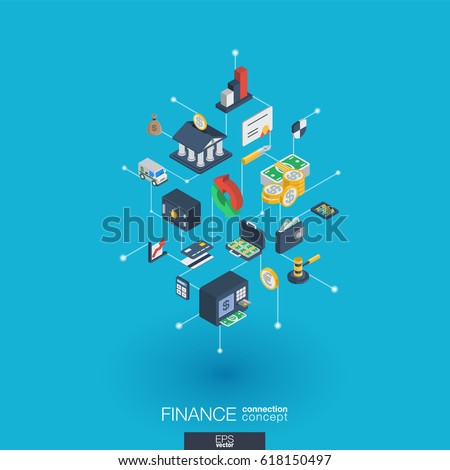 Finance integrated 3d web icons. Digital network isometric interact concept. Connected graphic design dot and line system. Abstract background for money bank, market transaction. Vector Infograph