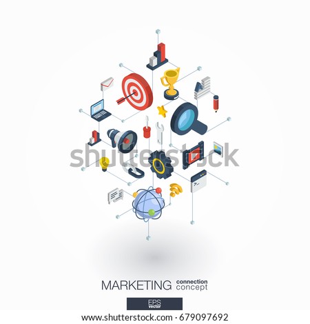 Market integrated 3d web icons. Digital network isometric interact concept. Connected graphic design dot and line system. Abstract background for seo optimization, web development. Vector on white.