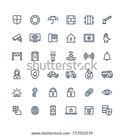 Vector thin line icons set, graphic design elements. Illustration with security, cyber safety outline symbols. Protection, brick wall, camera, video monitor, home lock, control access linear pictogram